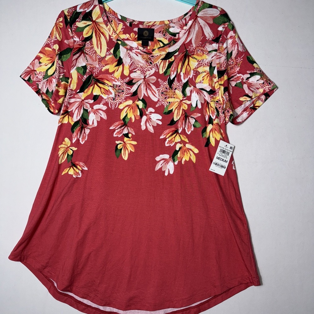 JM Collection Women's Medium Floral Print T-Shirt Top Blossom Stretch Knit Rayon